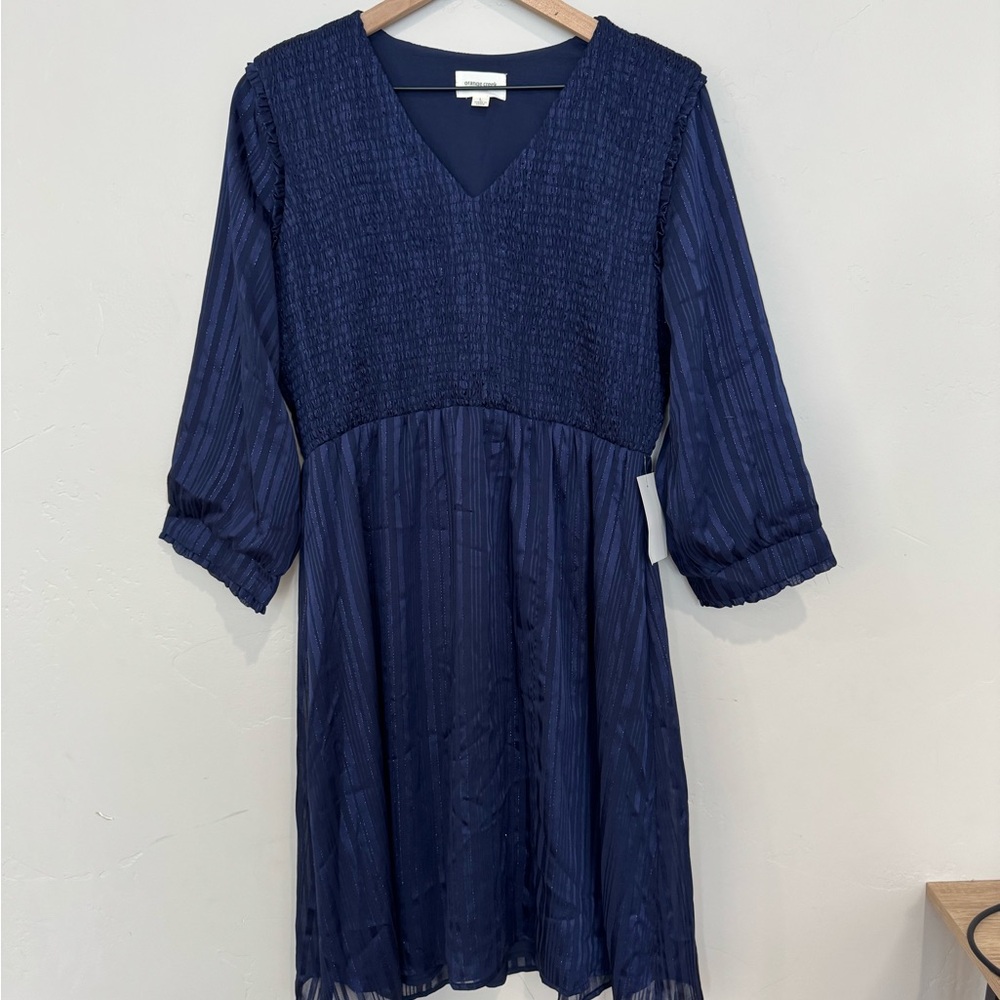 Orange Creek L Knee Length Deep Blue Smocked V-Neck Dress with Metallic Detail